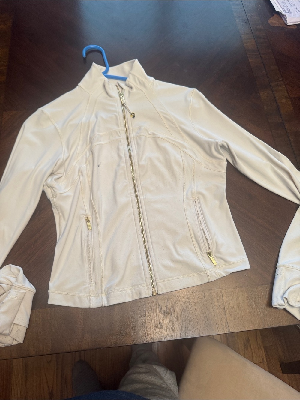 lululemon athletica Cream Zip-Front Leather Jacket with Gold Hardware